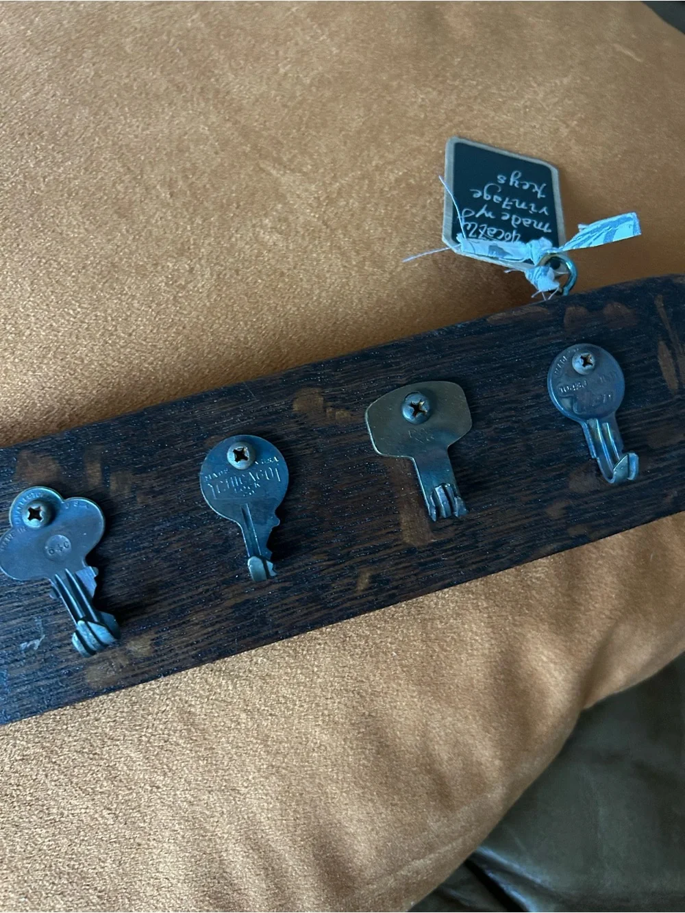 Dark wood wine barrel key rack with vintage key hooks wall hanging handmade
